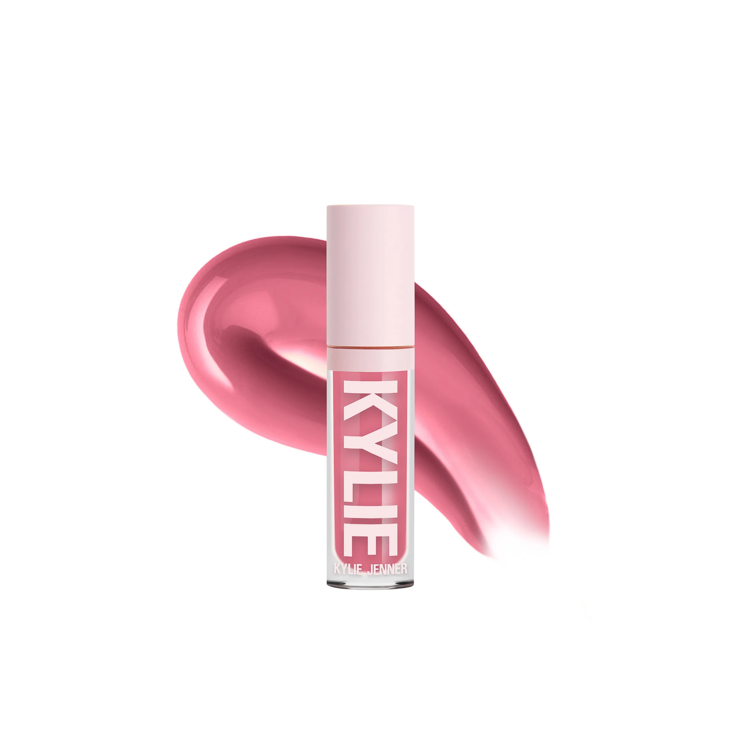 Pink lip gloss tube with a glossy pink product swatch behind it on a white background, for Kylie Cosmetics.