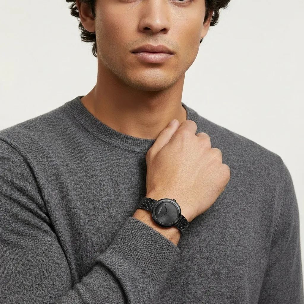 Male model in a grey crewneck sweater wearing an all-black link bracelet watch, hand raised to chest. Calvin Klein AI Concept.