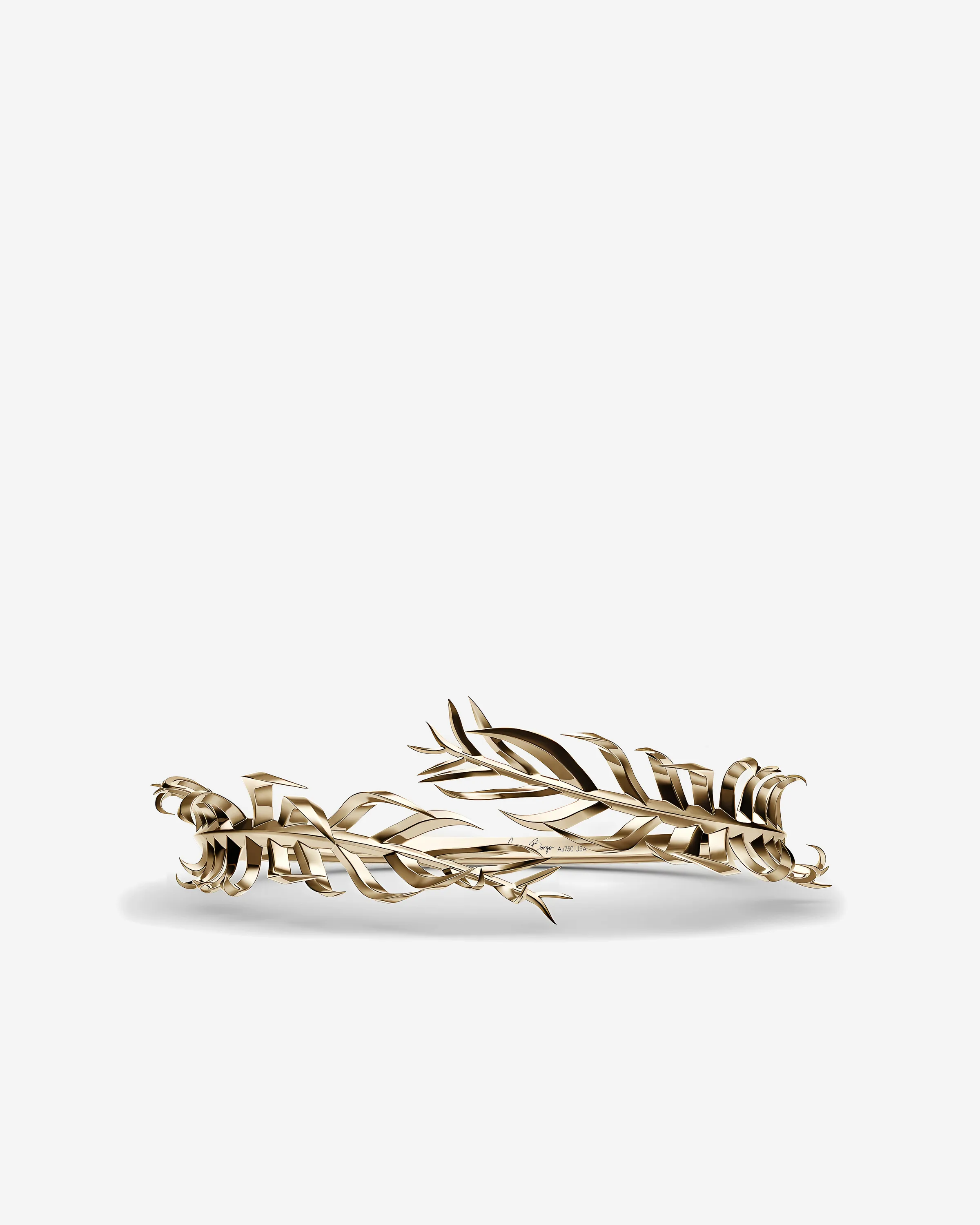 CGI render of a gold cuff bracelet shaped like wrapping palm leaves on a light grey background, for Eddie Borgo.