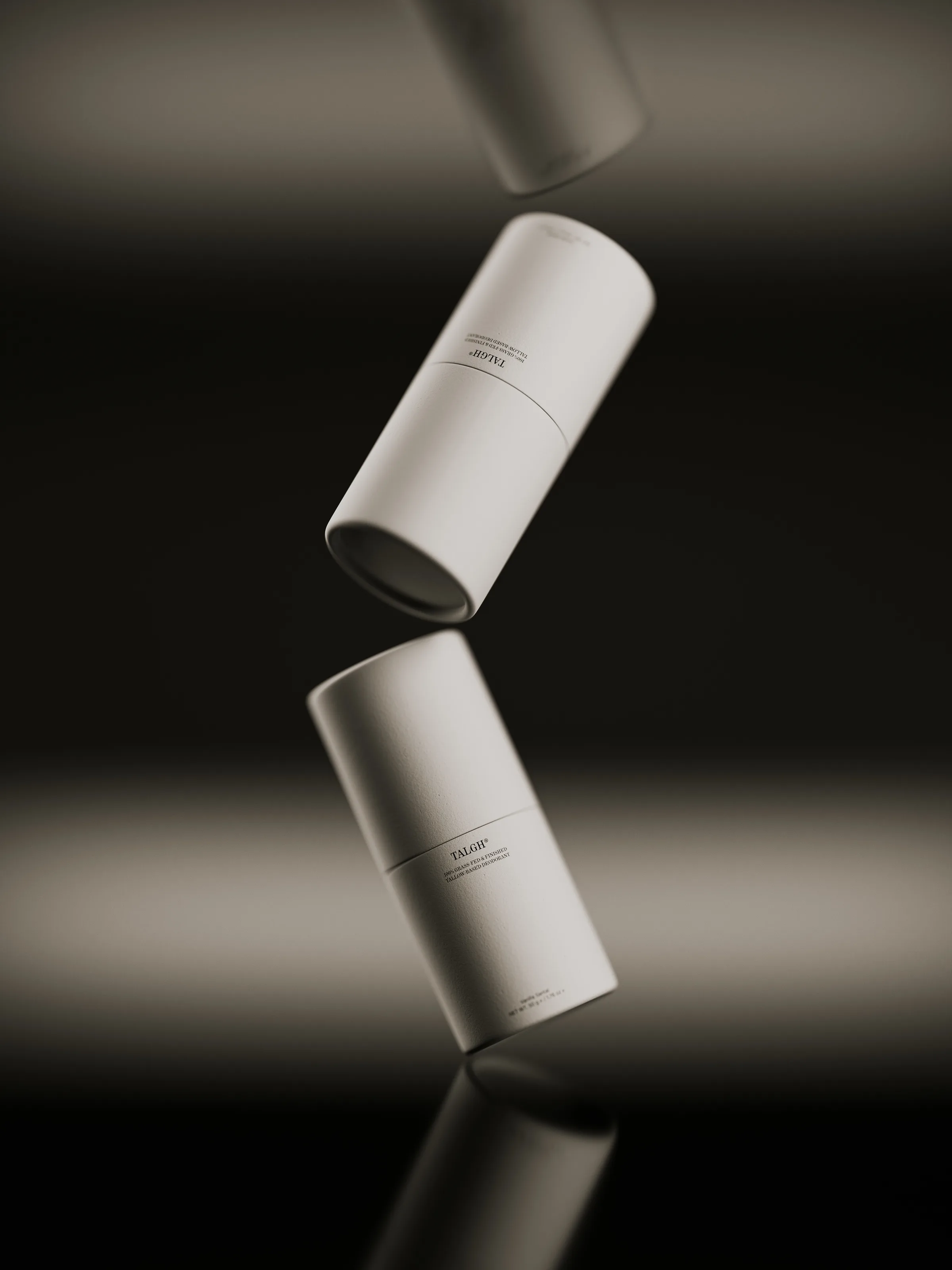 CGI render of white cylindrical tubes floating in a stack against a dark, softly lit background, for Talgh.