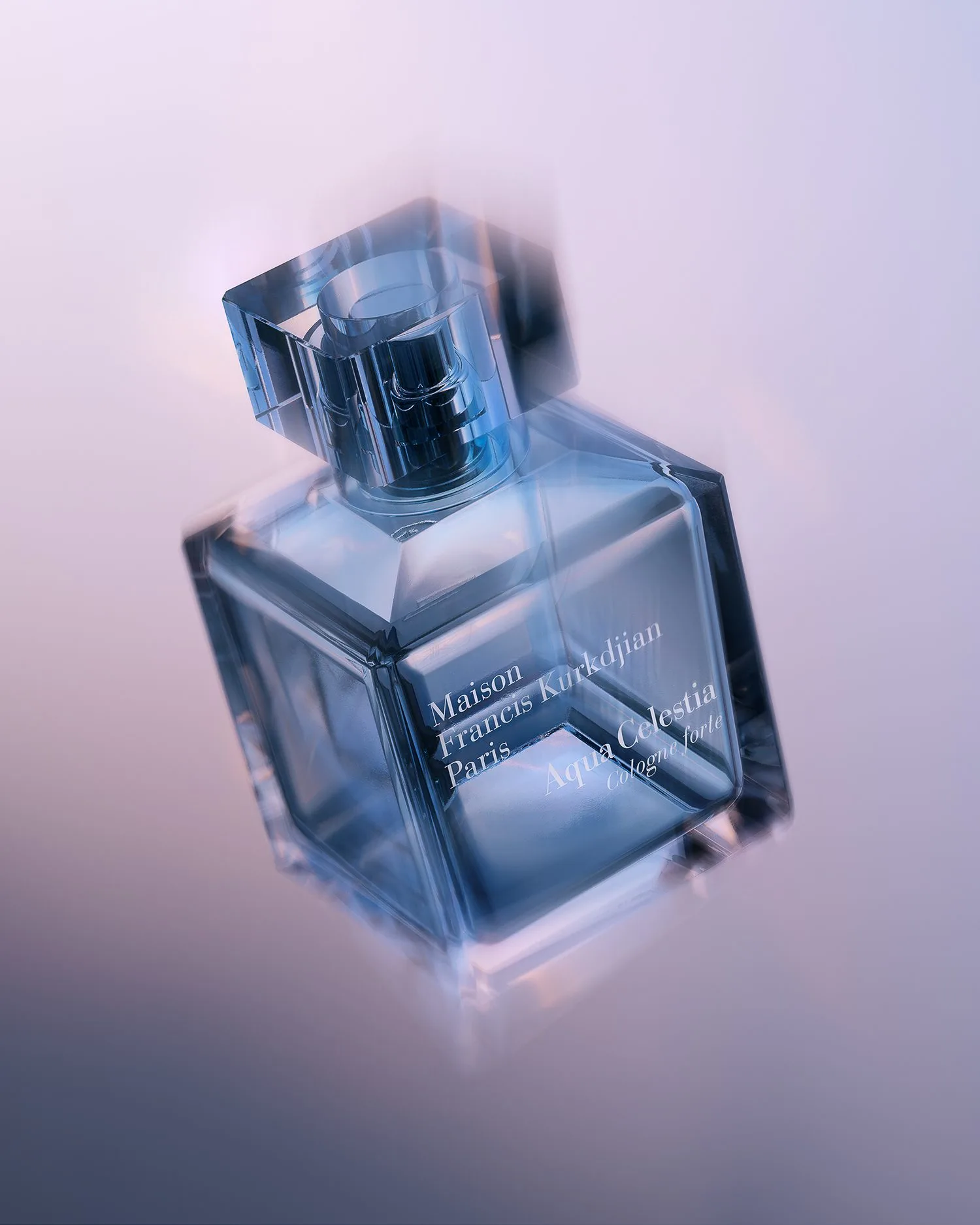 CGI render of an Aqua Celestia Cologne Forte glass bottle with motion blur on a lilac background, for Maison Francis Kurkdjian.