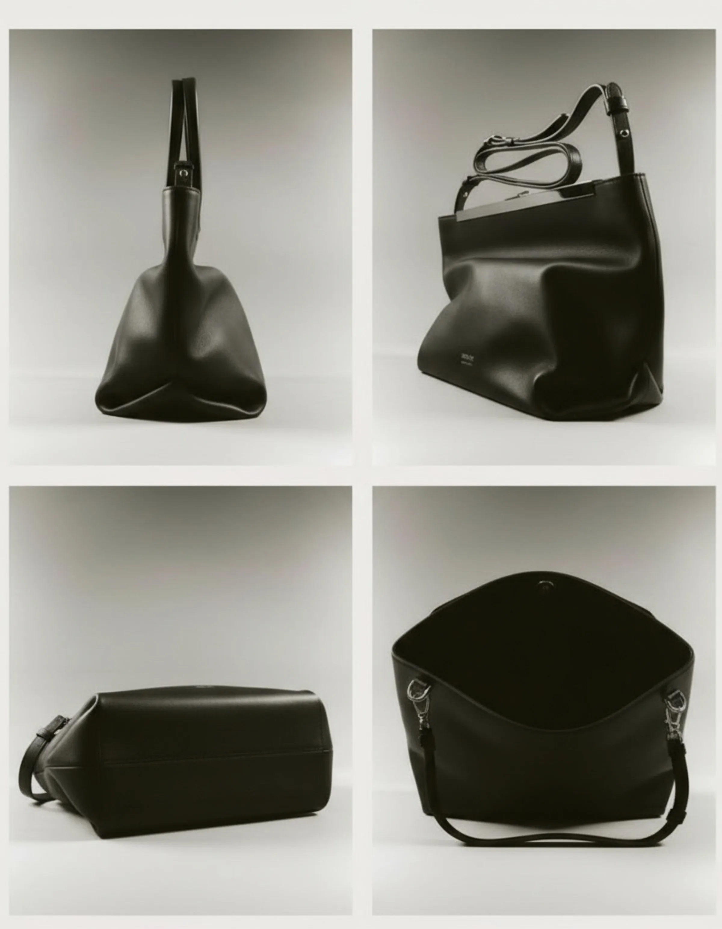 AI image grid of a black leather tote bag shown from side, angle, base and open top on grey backdrop. The Row AI Concept.