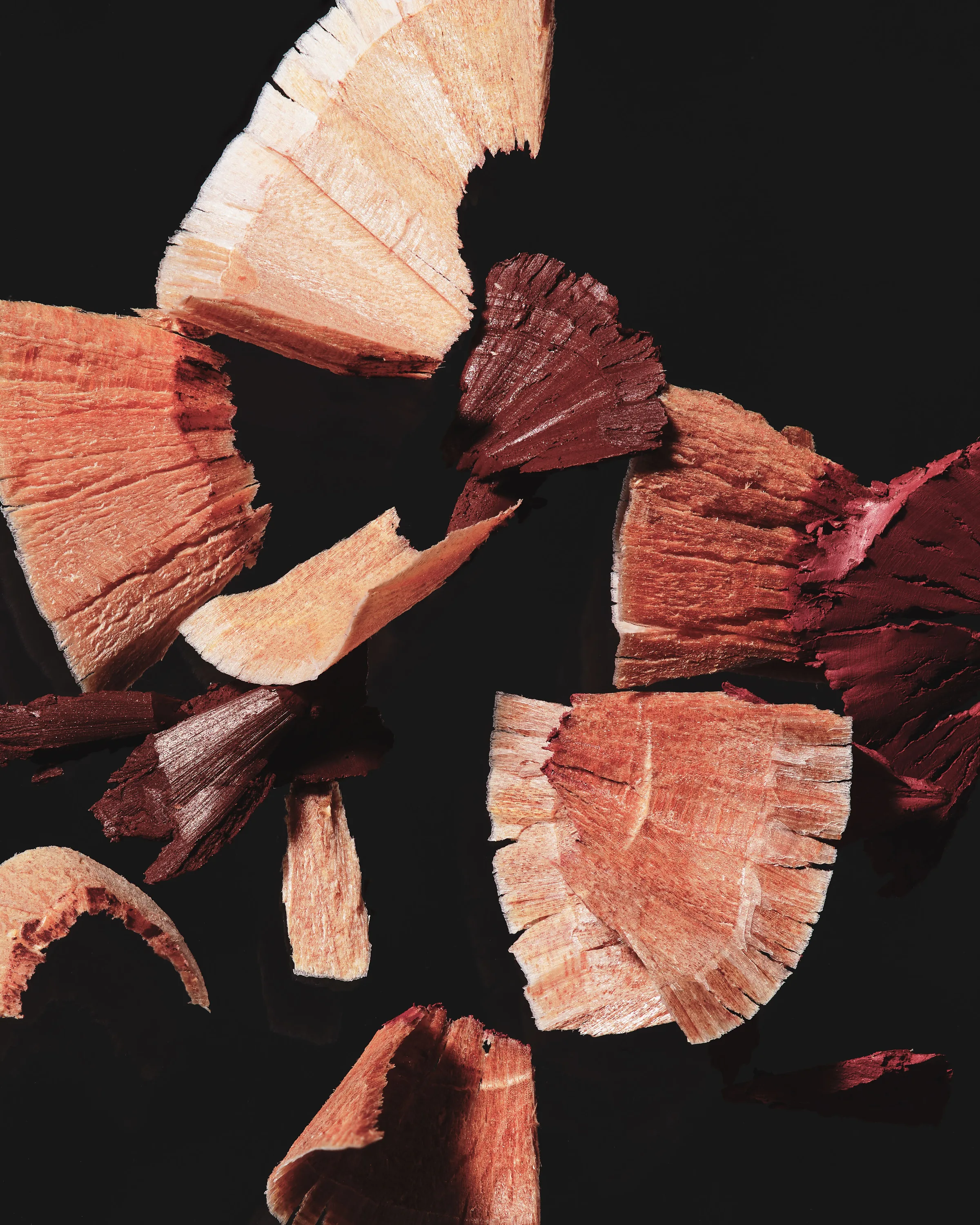 Shavings of nude and berry lip liner pencils scattered across a black background, for Kylie Cosmetics.