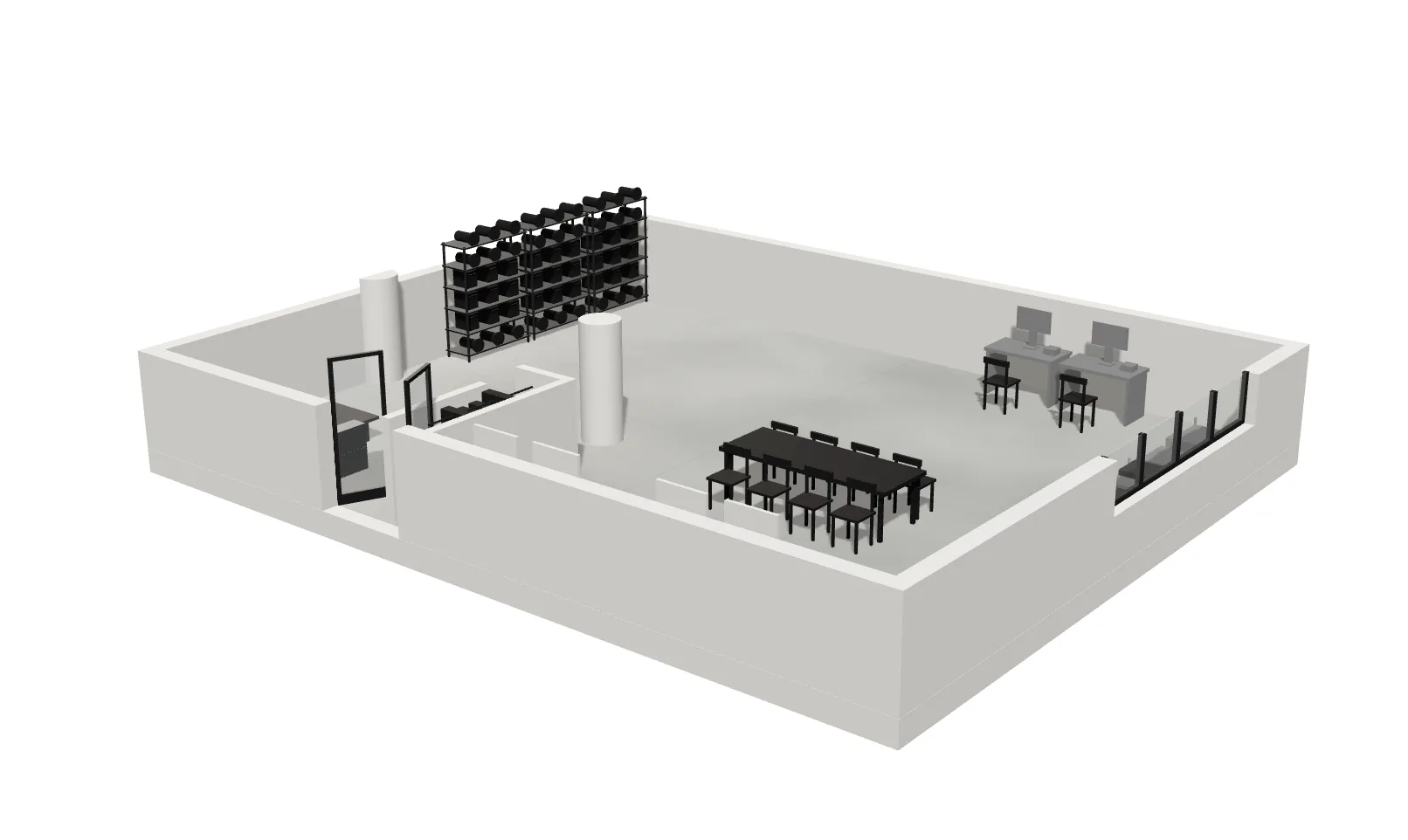 3D model of Studio 1 in Long Island City with shelving, dining table, workstations and columns in a white open space.