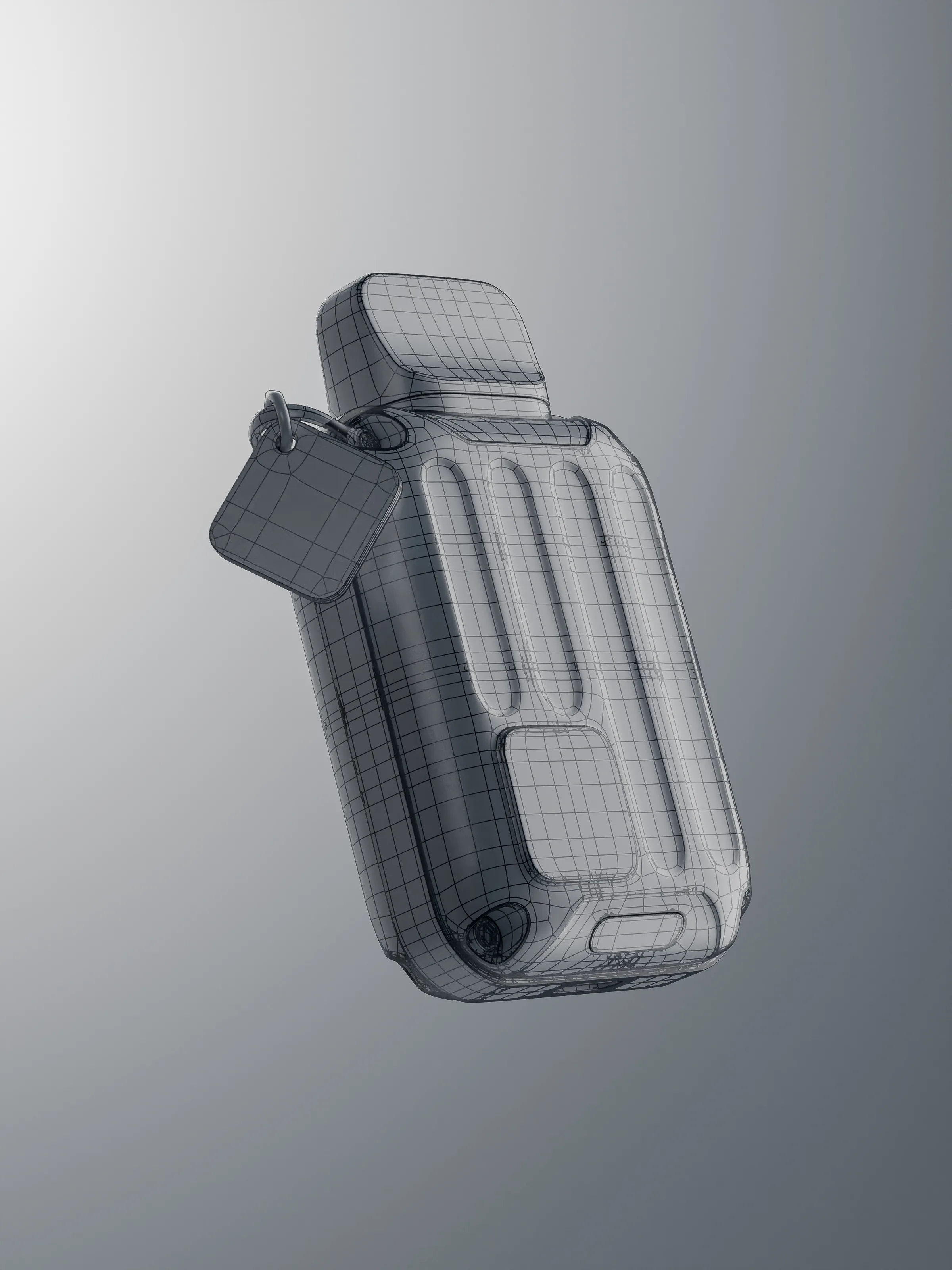 CGI wireframe render of a ribbed handheld device with a square keychain tag on a grey gradient, for Rill.