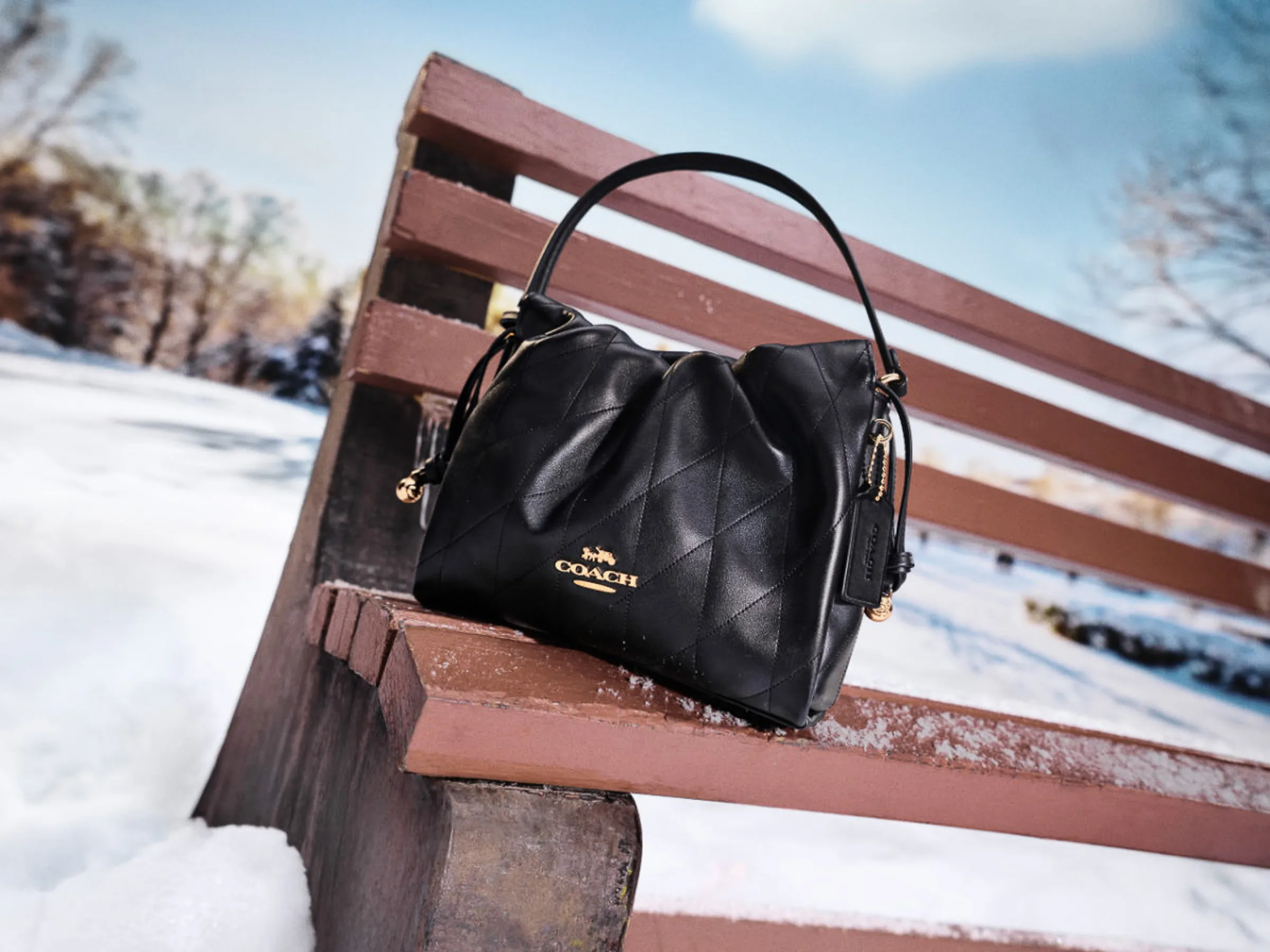 AI image of a black quilted leather shoulder bag on a frosted wooden park bench in a snowy landscape, for Coach.