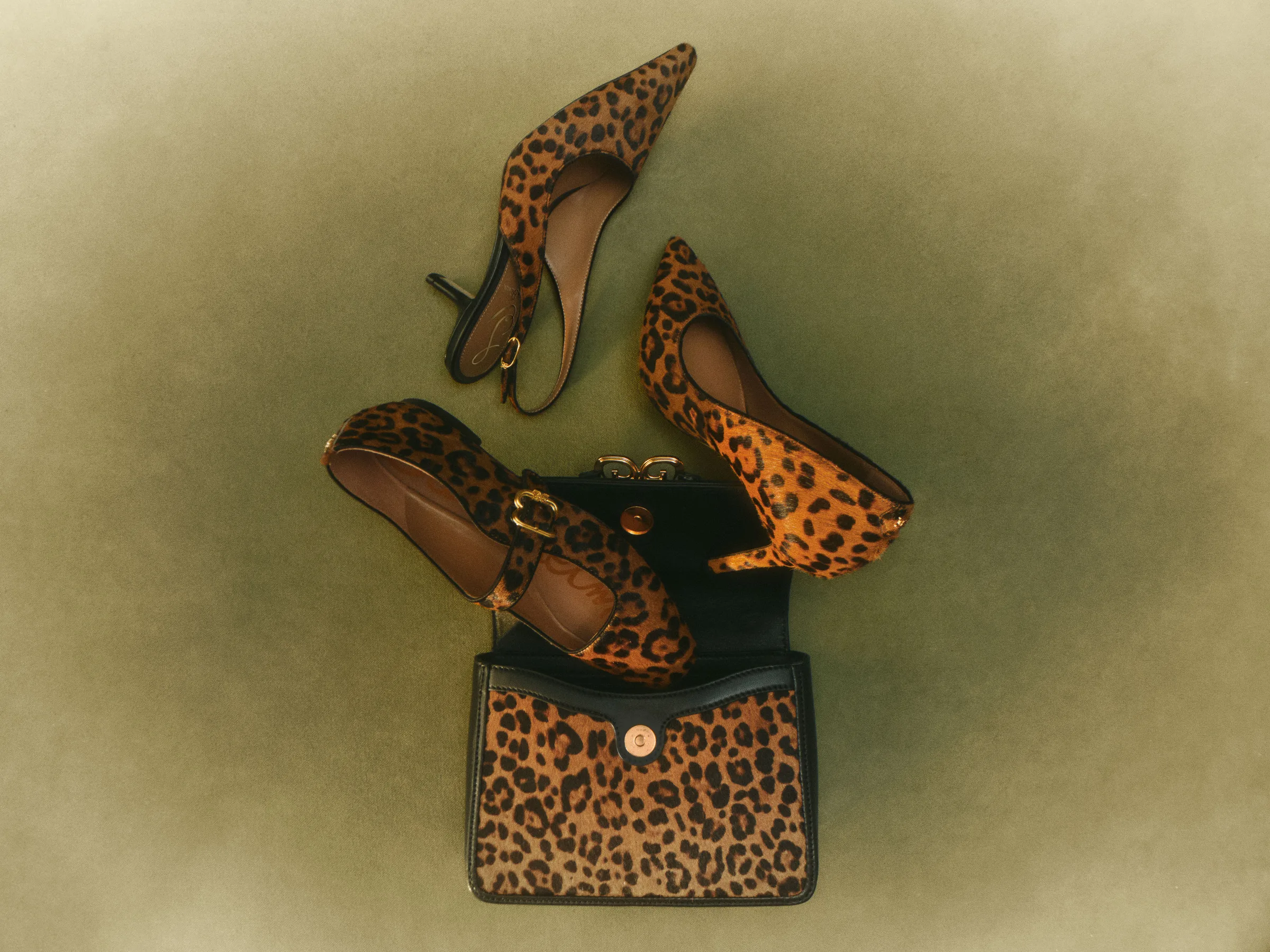 Leopard-print calf hair slingback, pump and Mary Jane with a matching crossbody bag on green velvet, for Sam Edelman.