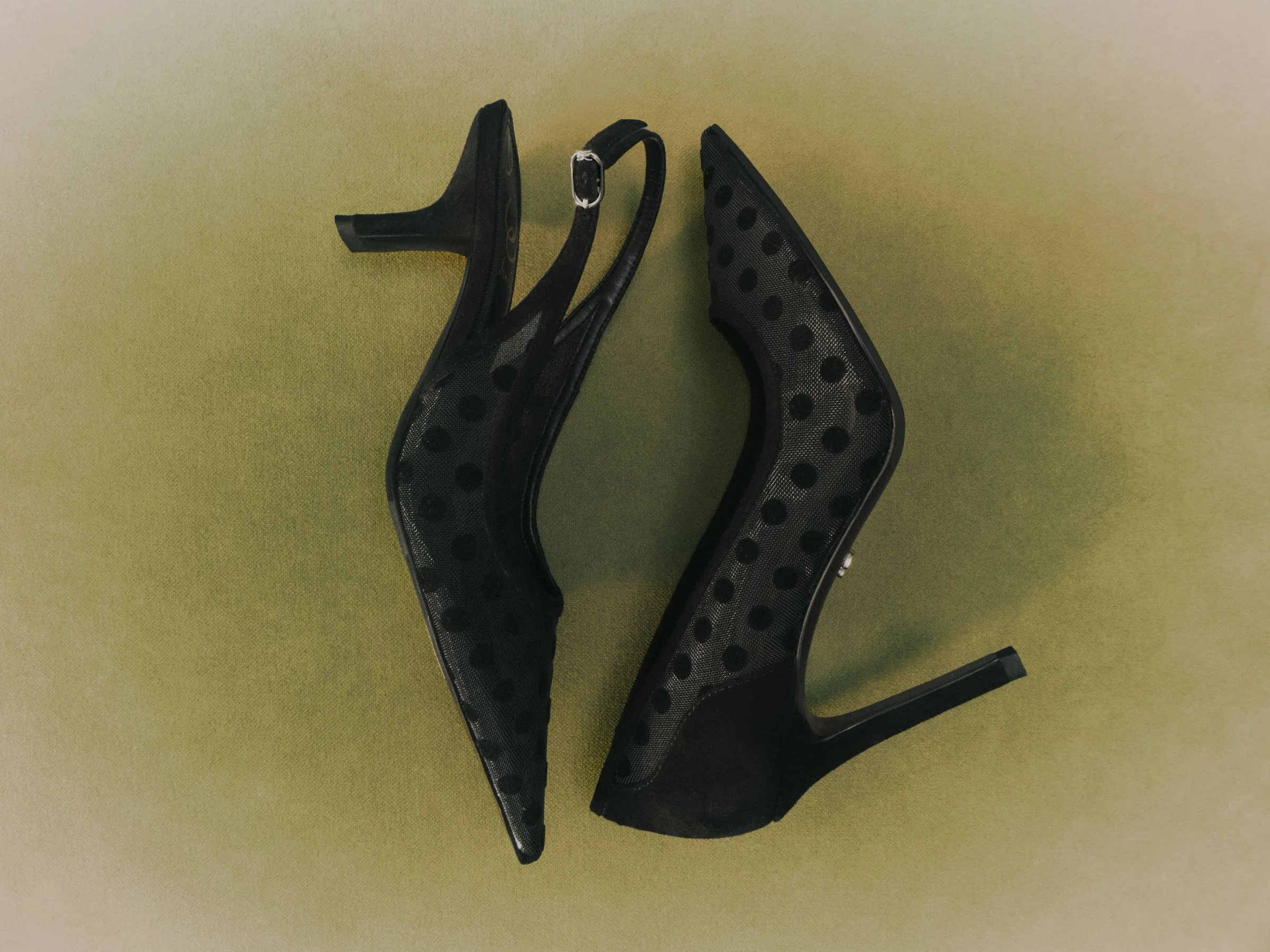 Black polka dot mesh slingback and pump heels laid top-down on a mottled olive green backdrop, for Sam Edelman.