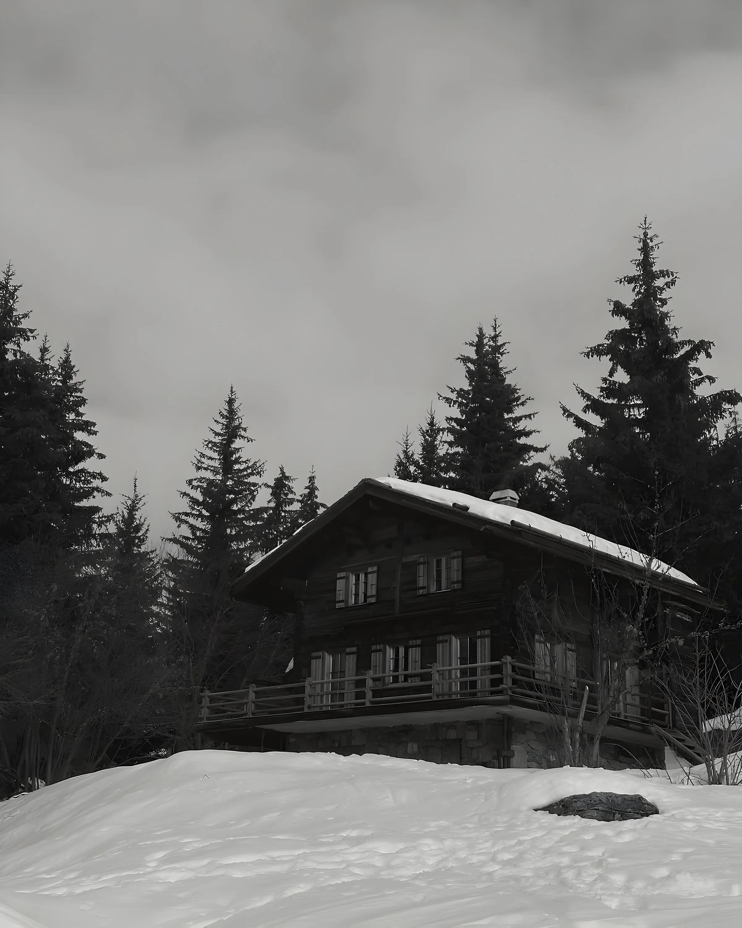 Black-and-white view of a wooden chalet with a snow-covered roof among tall pine trees under a cloudy sky.