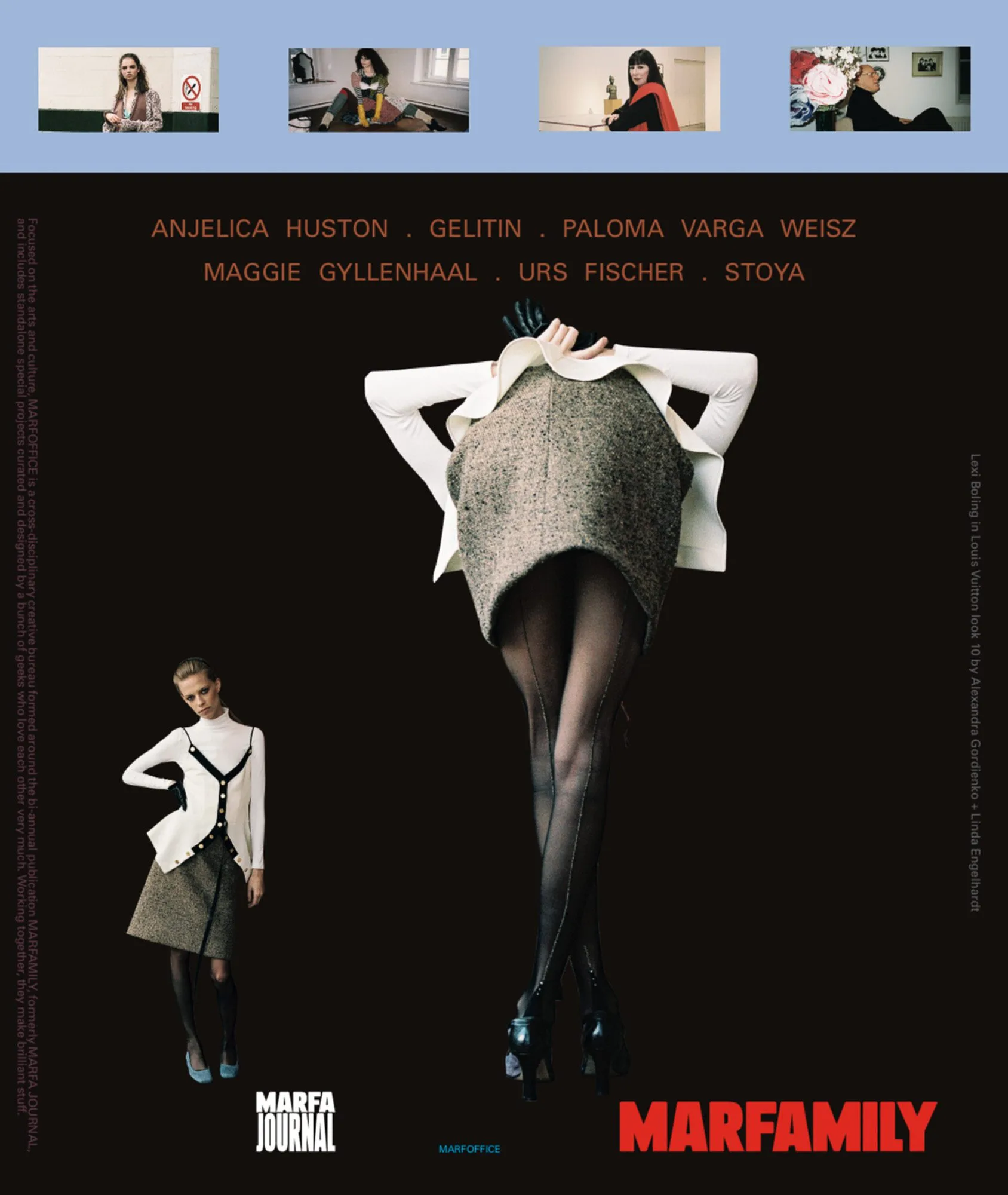 Magazine cover of a model bent forward in a tweed skirt, white ruffled top and seamed black tights, for Marfa Journal.