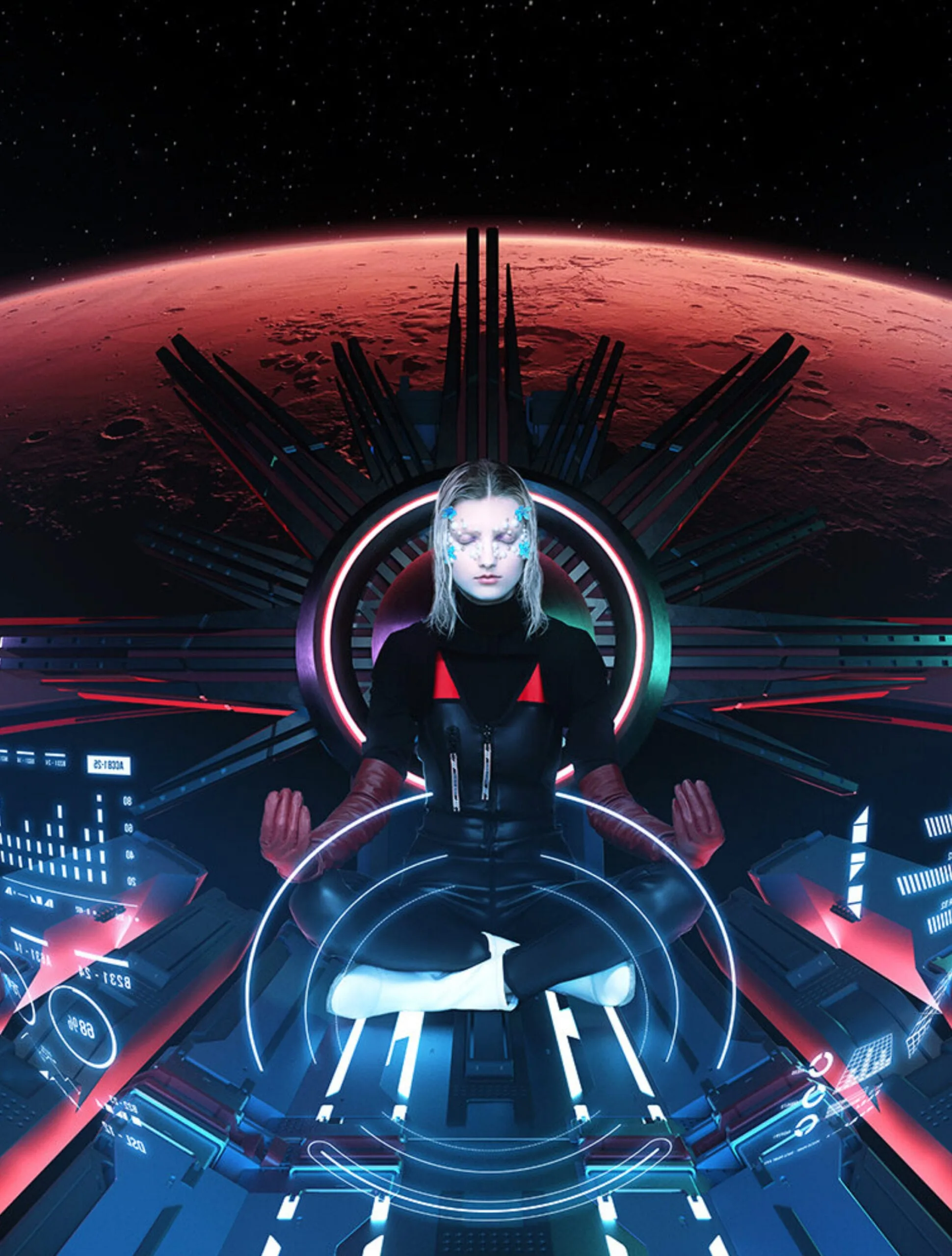 Model in black leather jumpsuit sits cross-legged on a futuristic throne above a red planet, editorial, for Dazed & Confused.