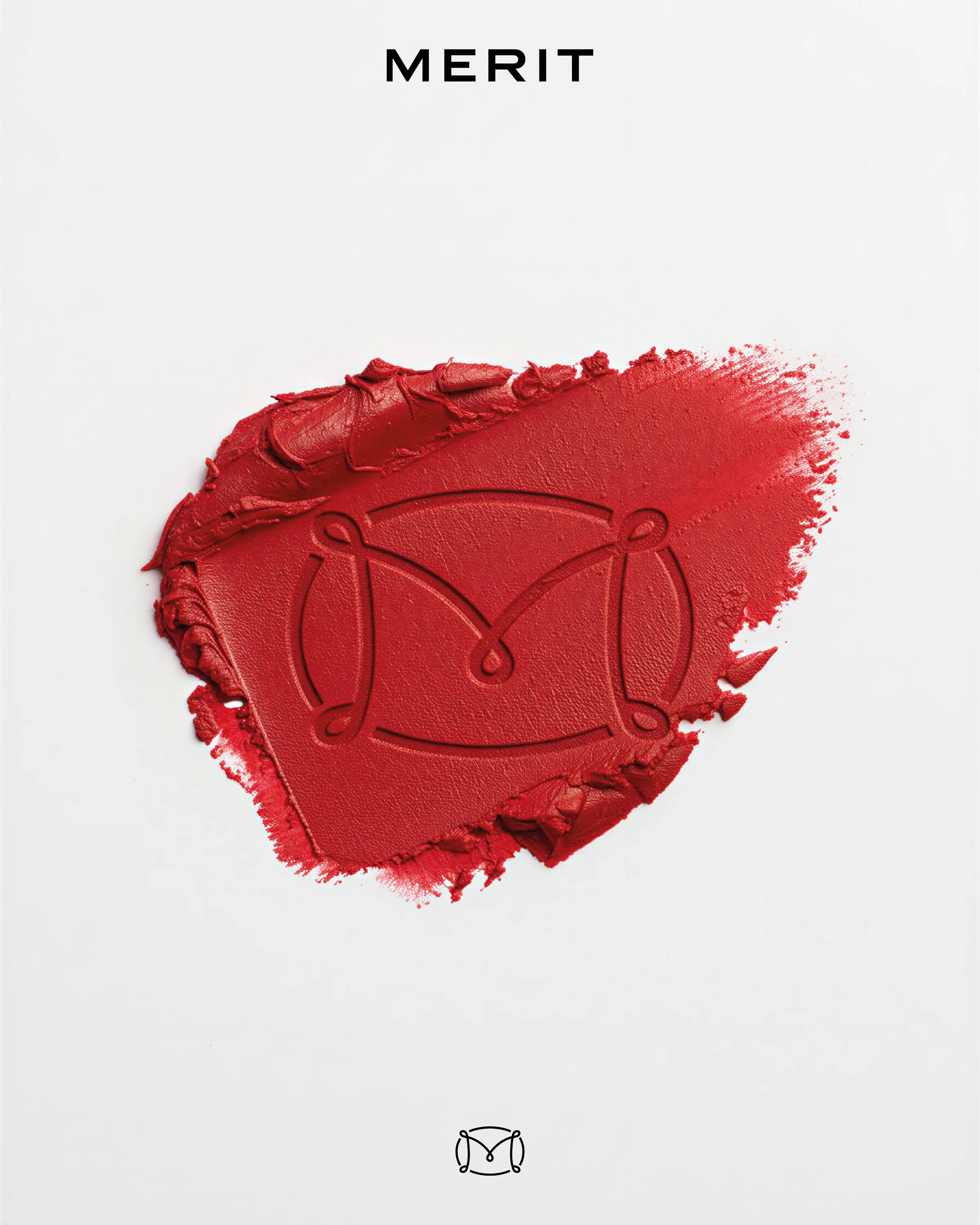AI image of a red lipstick smear embossed with the M monogram on a white background. MERIT AI Concept.