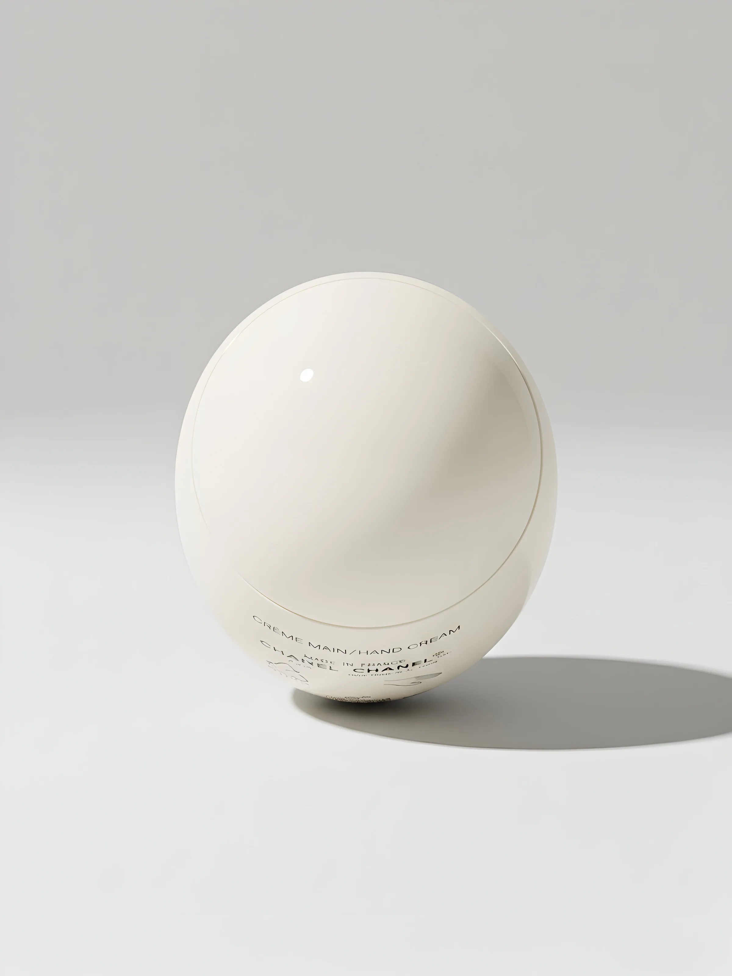 AI image of a white egg-shaped hand cream tube casting a soft shadow on a pale grey background. Chanel AI Concept.