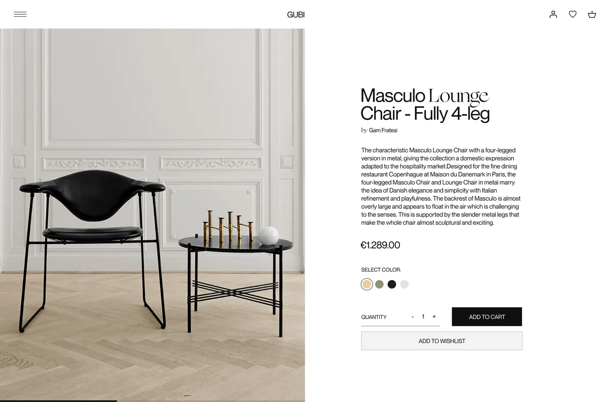 Product page showing the black Masculo Lounge Chair beside a side table in a white panelled room, for Gubi.