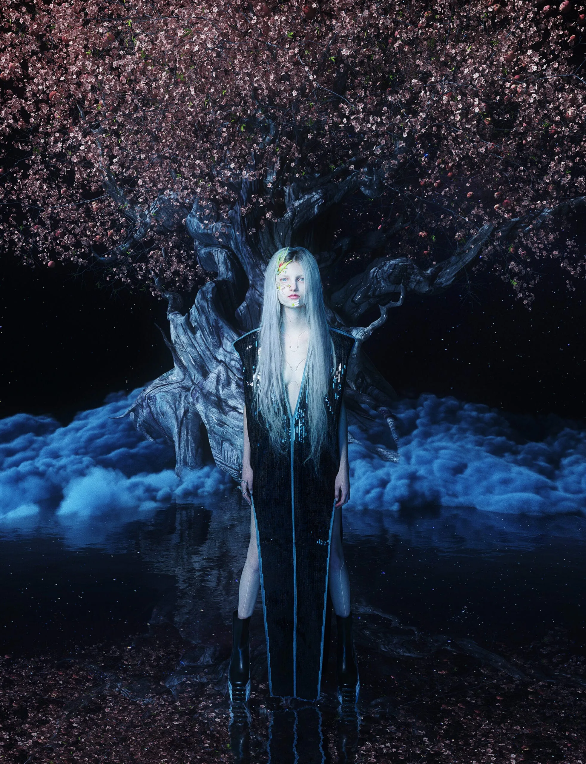 Platinum-haired model in a long black sequined coat stands in dark water before a blossoming tree and blue fog, for Dazed & Confused.