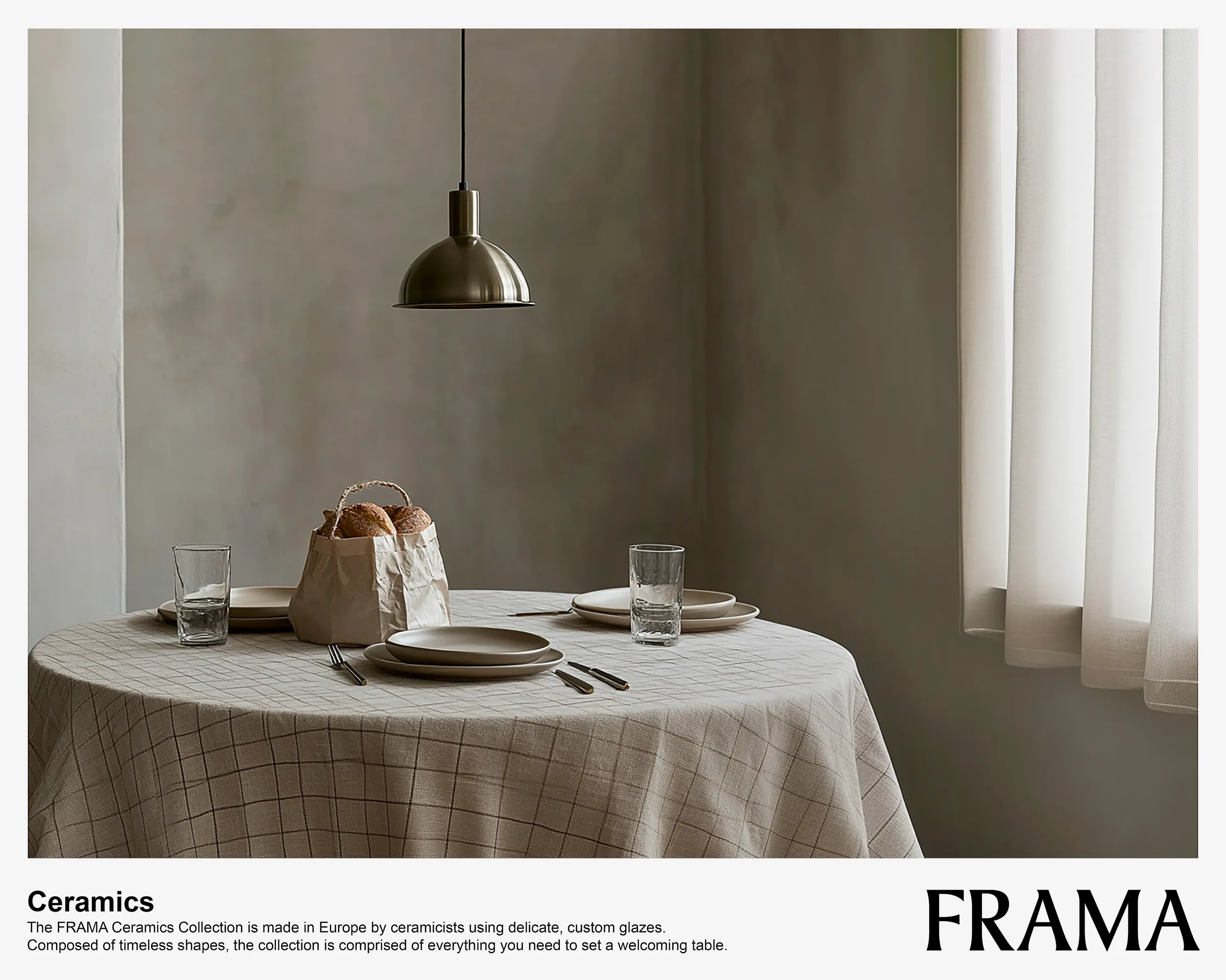 AI image of a round table with grid linen cloth, stoneware plates, glasses and bread under a brass pendant lamp. FRAMA AI Concept.