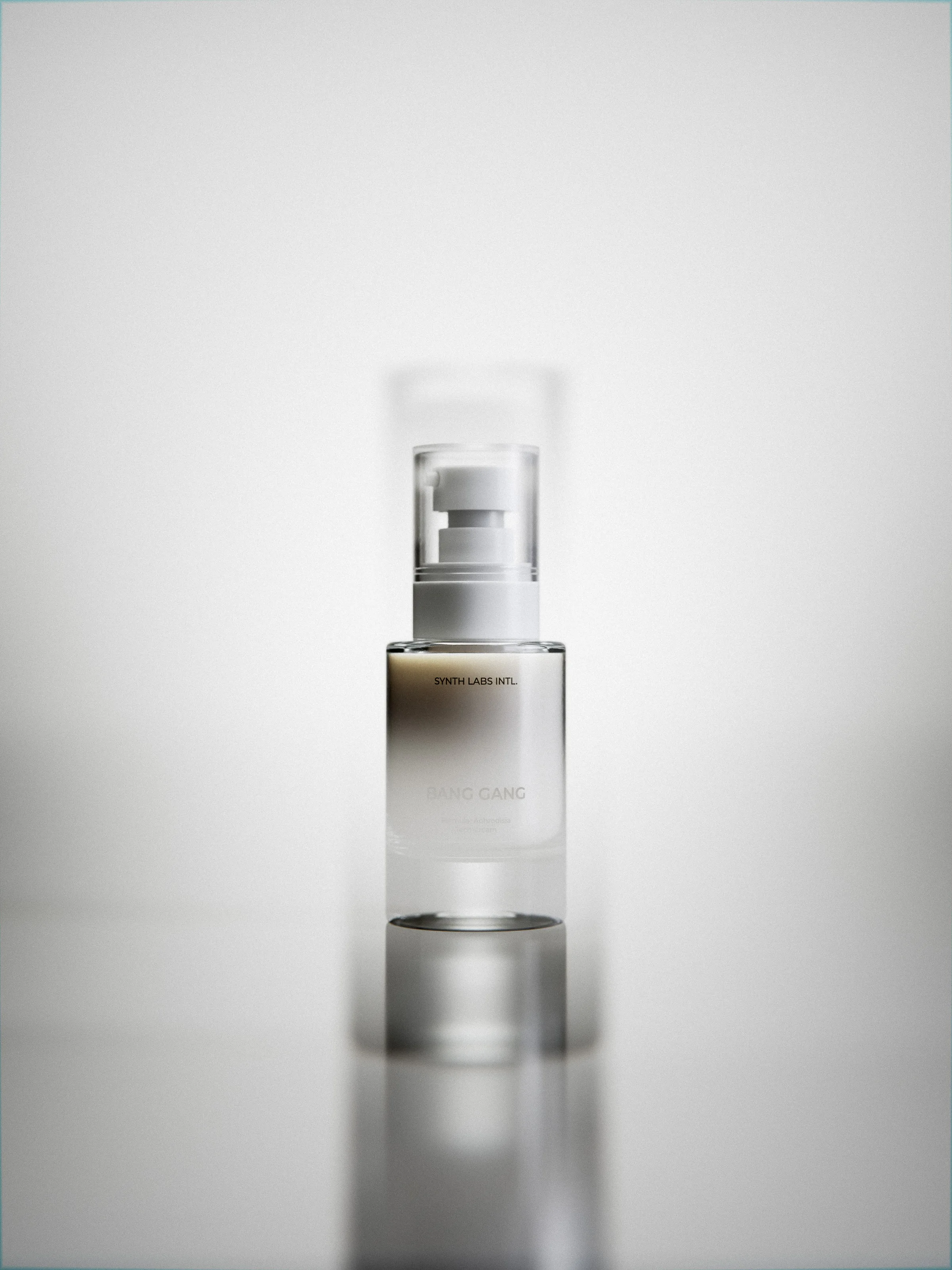 CGI render of a frosted glass pump serum bottle with gradient fill on a white reflective surface, for Bang Bang.