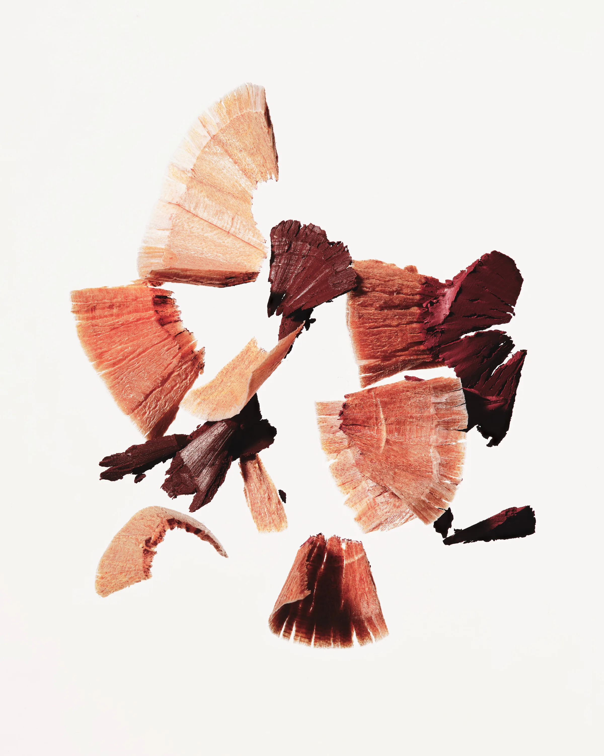 Lip liner pencil shavings in nude, peach and deep plum shades scattered on a white background, for Kylie Cosmetics.