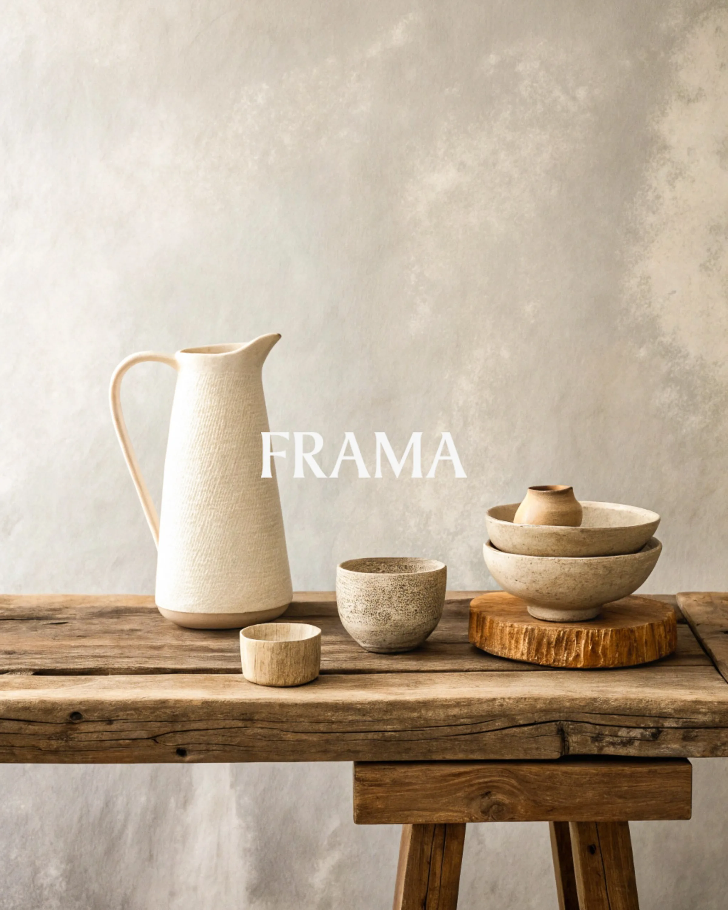 AI image of a white ceramic jug, stoneware cups and stacked bowls on a rustic wooden bench against a plaster wall. Frama AI Concept.